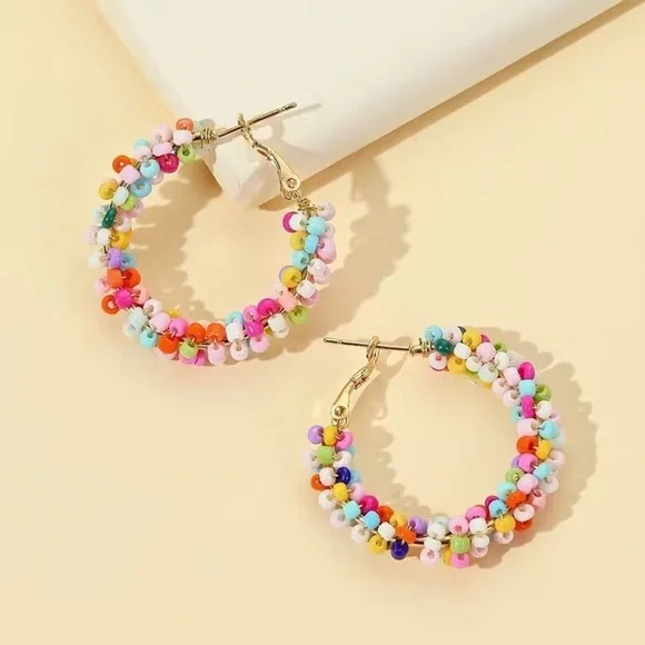 Boho Colorful Rice Bead Hoop Earrings - Picture 2 of 5
